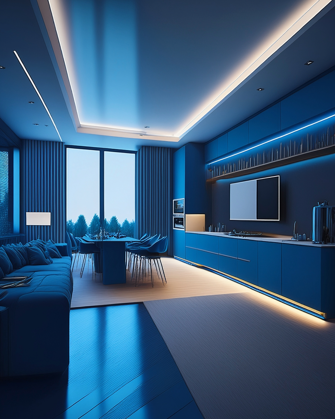 ❤️appartamento colorato di e blu aceso e siamo in sala spaziosa aperta alla cucina ed e con luci a led i alla sinistra tv alla destra panorama creativo