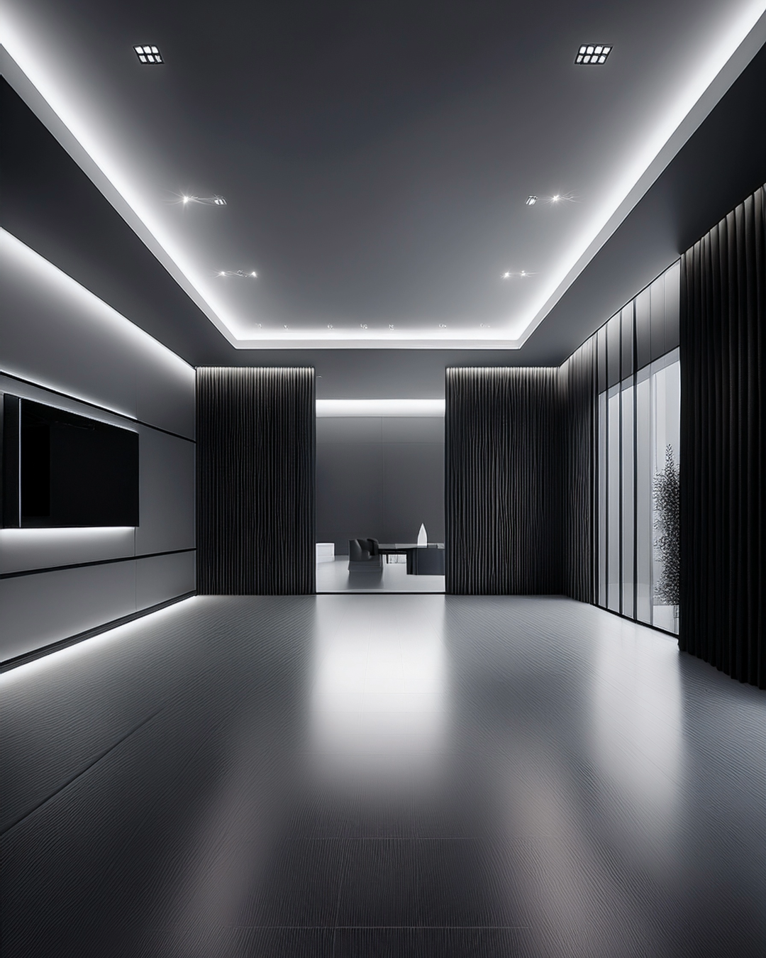 sala spazioso moderna con luci a led classico mobile e colori grigio e nero